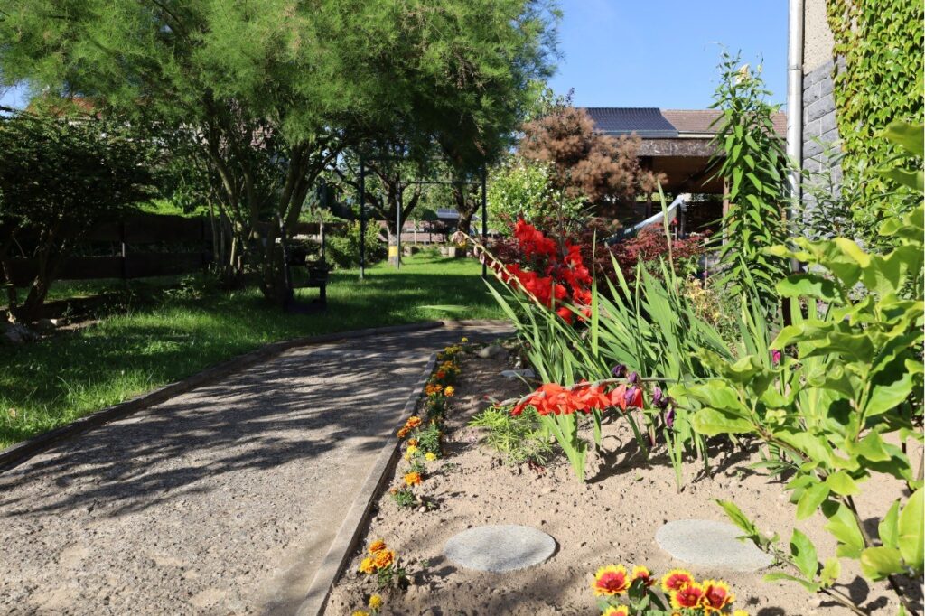 Blick in den grünen Garten mit altem Baumbestand