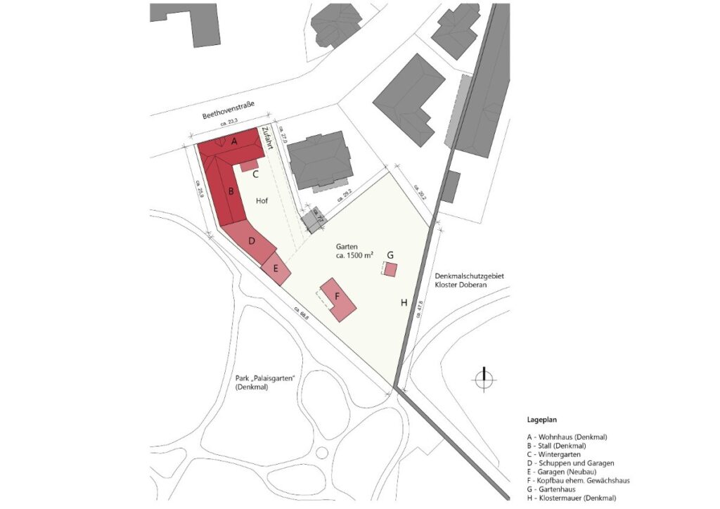 Lageplan mit Gebäudebestand und Grundstücksgrenzen